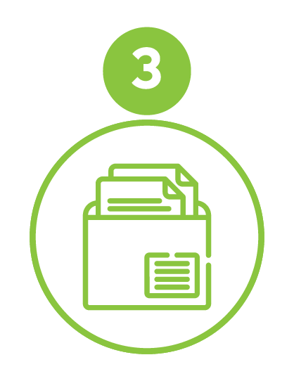 Icon of a folder with documents inside, representing paperwork or files, with a green circle above containing the number three.