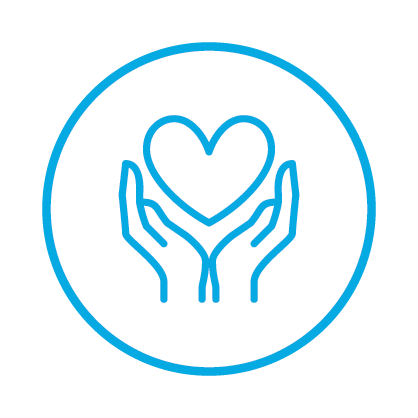 Icon of two hands holding a heart enclosed in a blue circle.