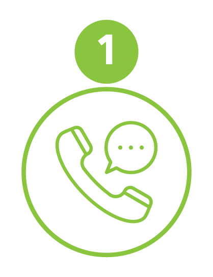Green circular icon featuring a telephone receiver with a speech bubble above it, and the number one at the top.