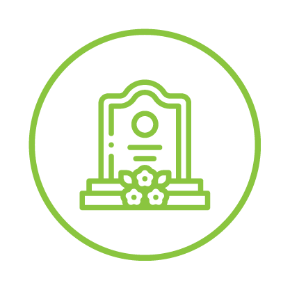 Icon of a gravestone with flowers and a small cross, outlined in green within a green circle.