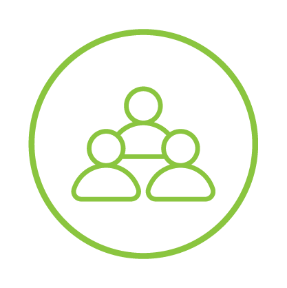 Icon of three people in a hierarchy, with one person above two others, inside a green circle.