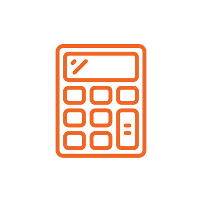 Orange calculator icon with a display screen and keypad, on a black background.