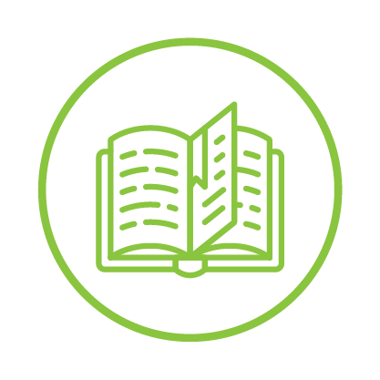 Green outline icon of an open book inside a circle.