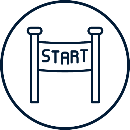 Icon of starting gate with the word START inside, circle outline, dark background.