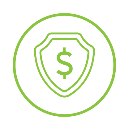 Green outline of a shield with a dollar sign in the center, surrounded by a circle.