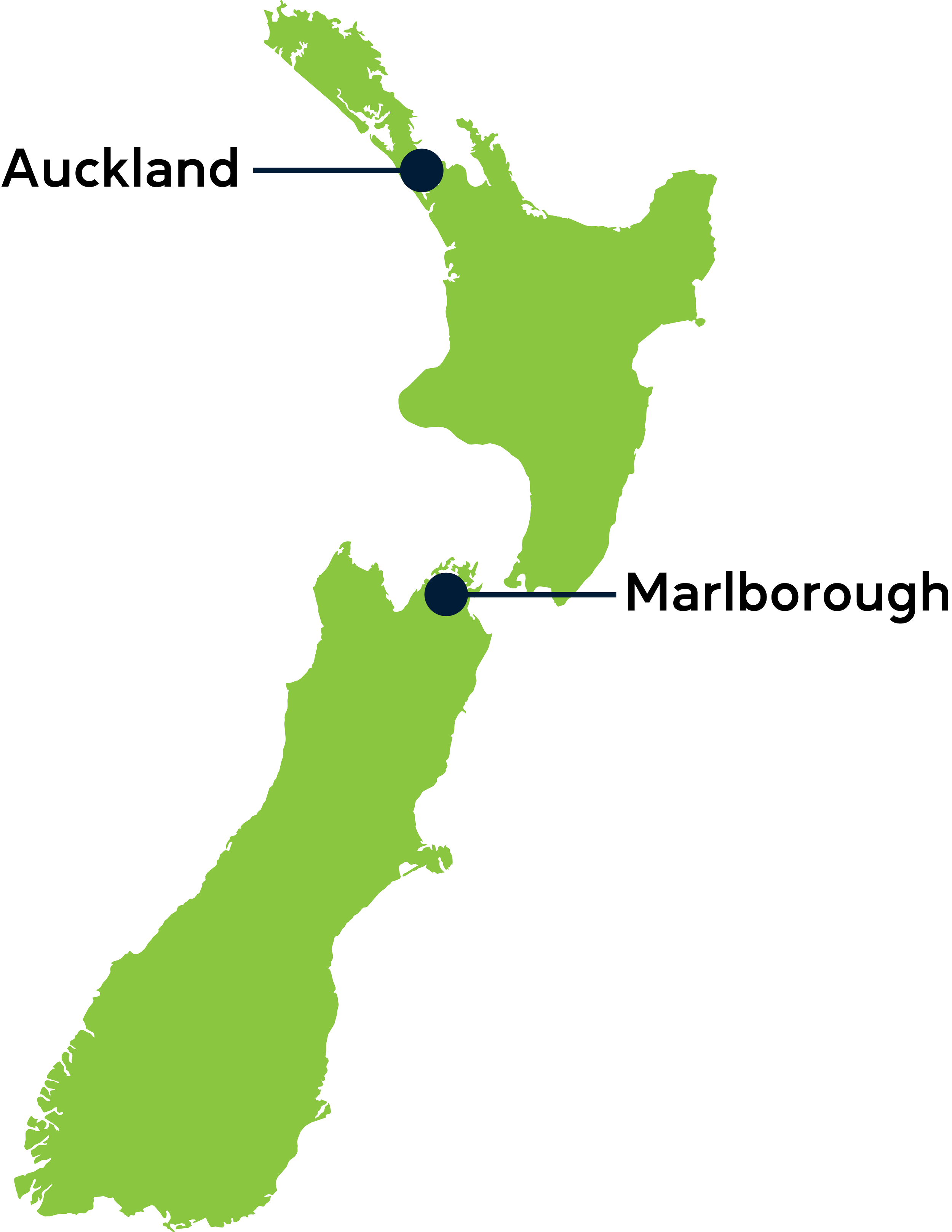 Map of New Zealand with Auckland and Marlborough regions highlighted and labeled.