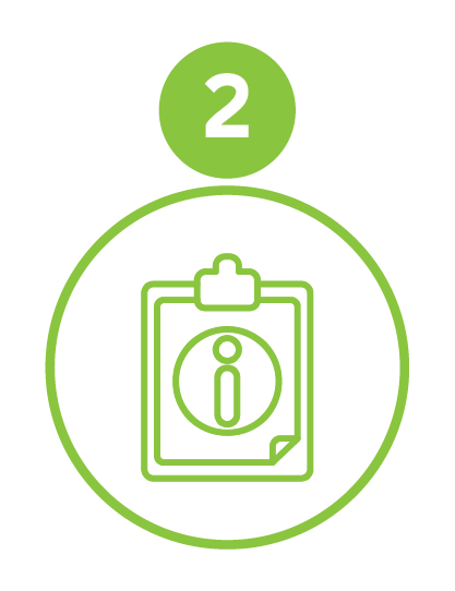 Green icon with the number 2 at the top and a clipboard with an information symbol inside.