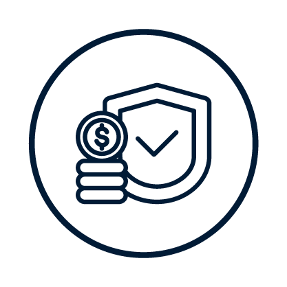 Icon of a shield with a checkmark and a stack of coins with a dollar sign, representing financial security or protection.
