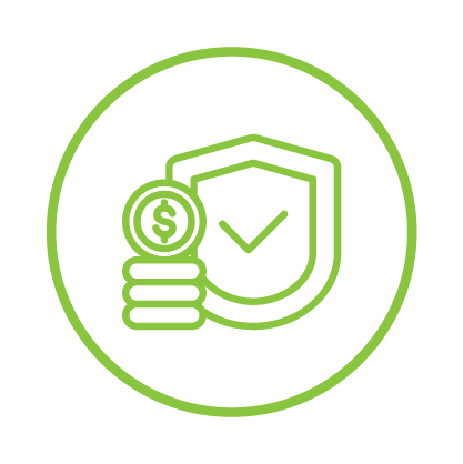 Green outline icon of a shield with a check mark, stacked coins with a dollar sign, all inside a circle.