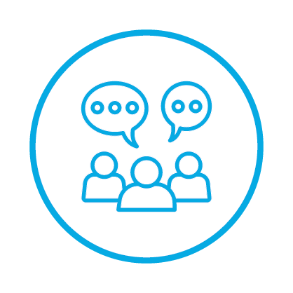 Icon of three people with two speech bubbles above, indicating communication or conversation.