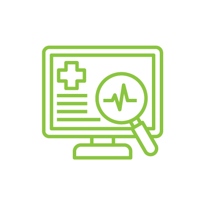 Green line drawing of a computer screen with a medical cross, text lines, and a magnifying glass highlighting a heartbeat graph.