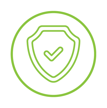 Green shield with a checkmark inside, representing security or protection.
