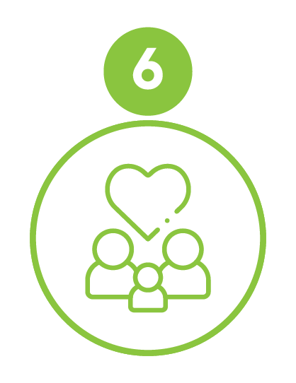 Icon of two adults and a child with a heart above them, surrounded by a green circle, and a green number 6 above the icon.