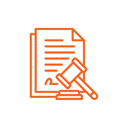 Icon of a document with a gavel, representing legal or contractual agreement.