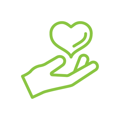 Green outline of a hand holding a heart symbol.