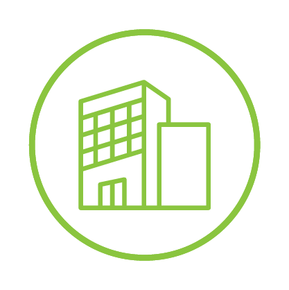 Line drawing of a multi-story building inside a green circle