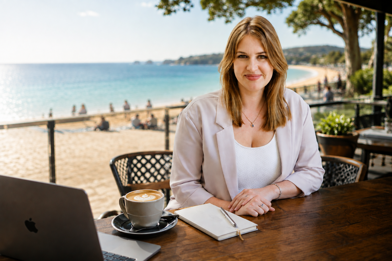 Amy Callon sitting at a wooden table with a laptop, a notebook, a pen, and a cup of coffee, outdoors near the beach with people in the background, trees, and ocean.