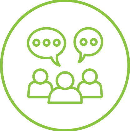 Icon of three people with speech bubbles above their heads.
