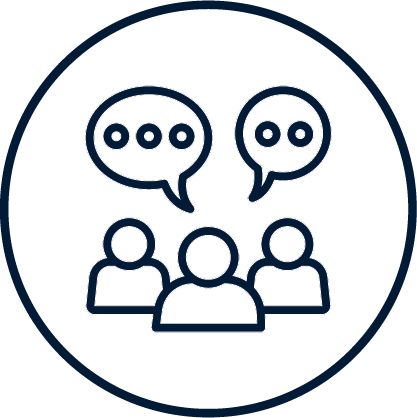 Icon of three people with two speech bubbles above them, representing communication or conversation.