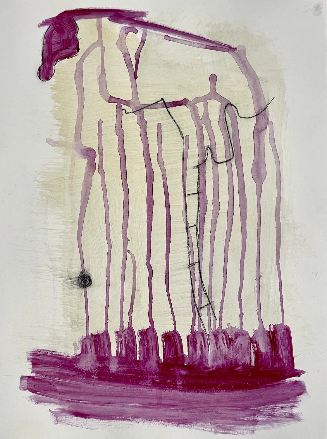 A buff neutral background serves as a backdrop for drips and strong shapes in quinacridone violet. Charcoal lines form a ladder. An abstract figure stands upright, but when turned upside down you see a seated figure contemplating the chaos above.
