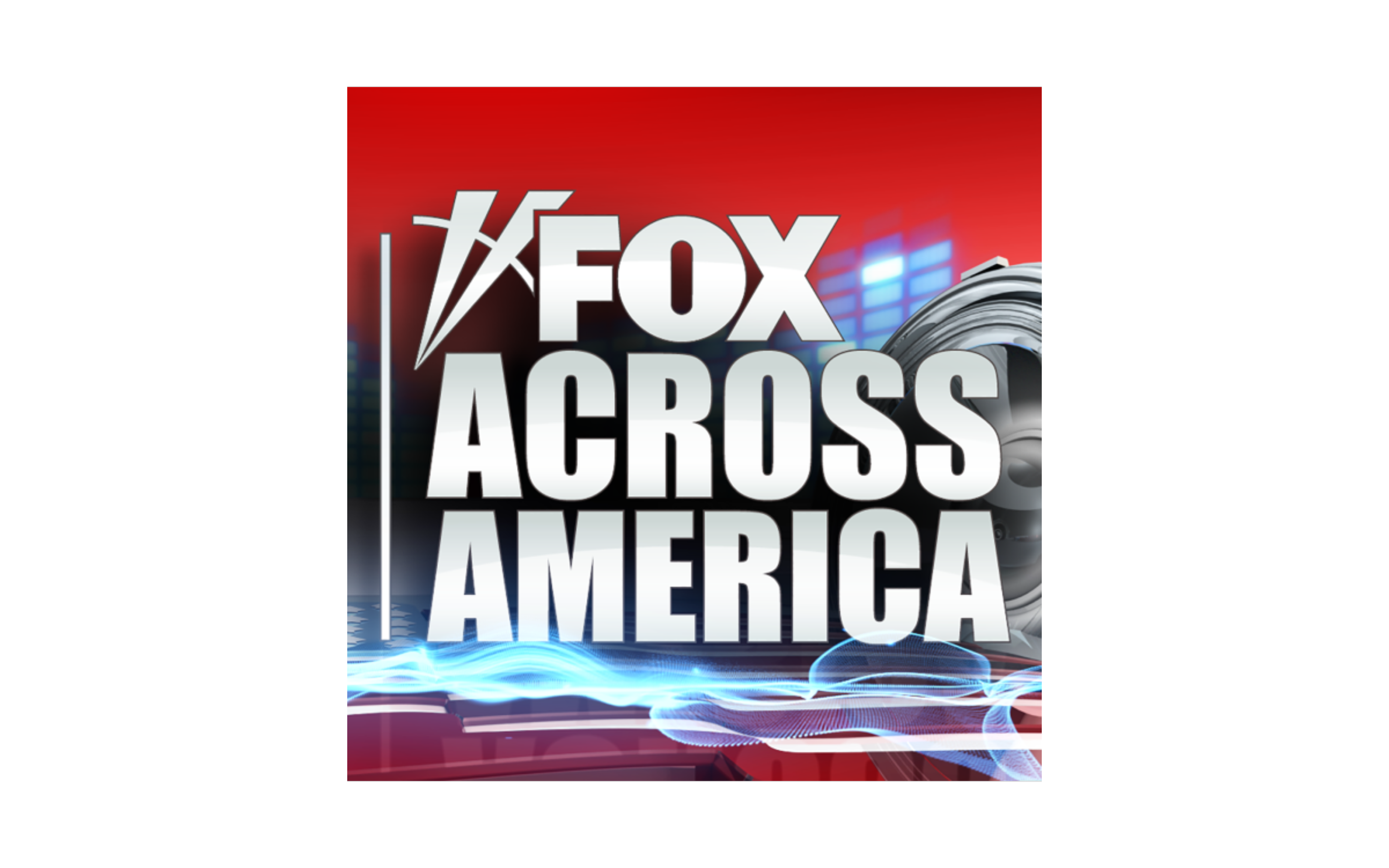 Logo of Fox across America with a bold comic-style font, featuring a red background with digital wave effects.