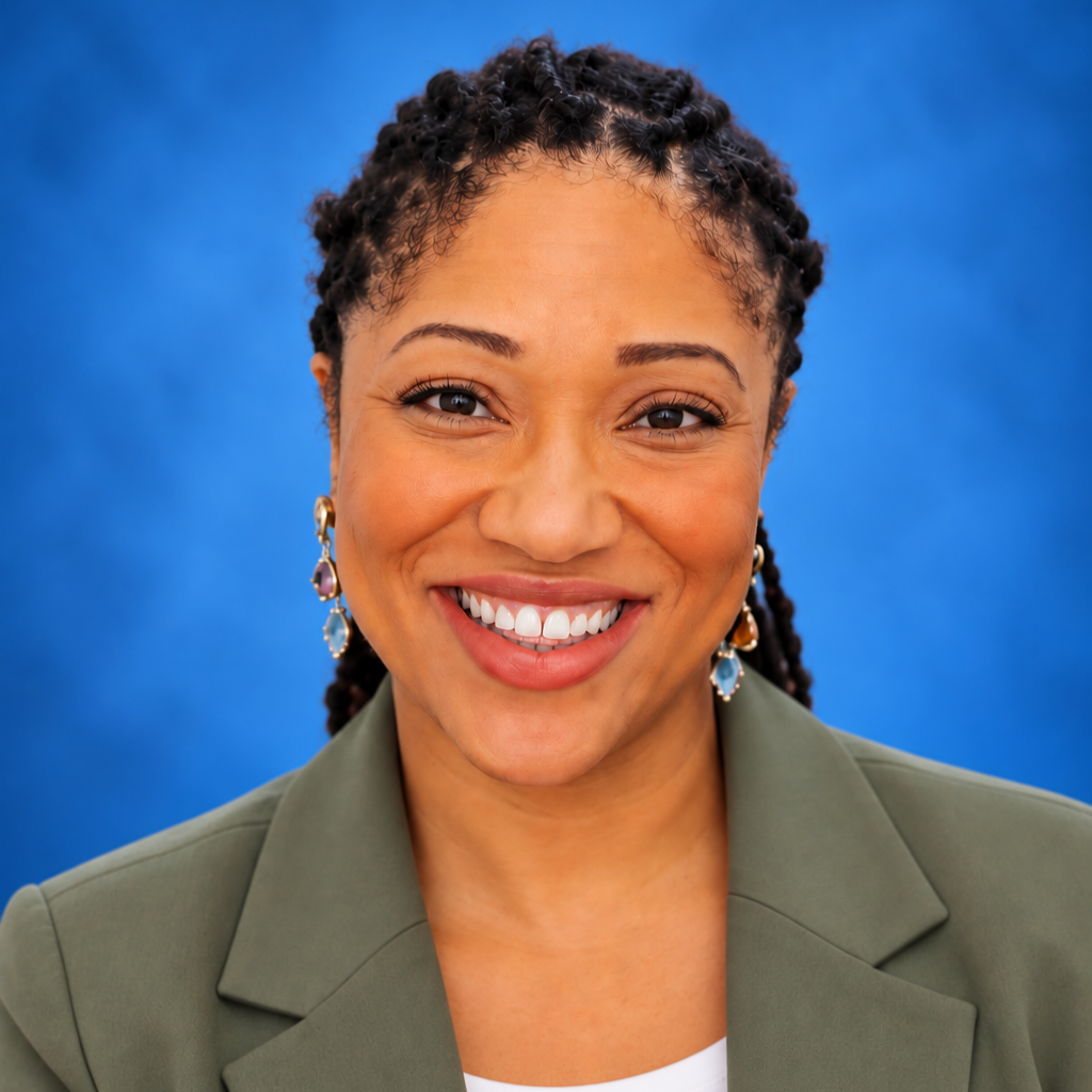 Close-up portrait of a smiling woman with short, curly hair, wearing earrings and an olive green blazer against a blue background.