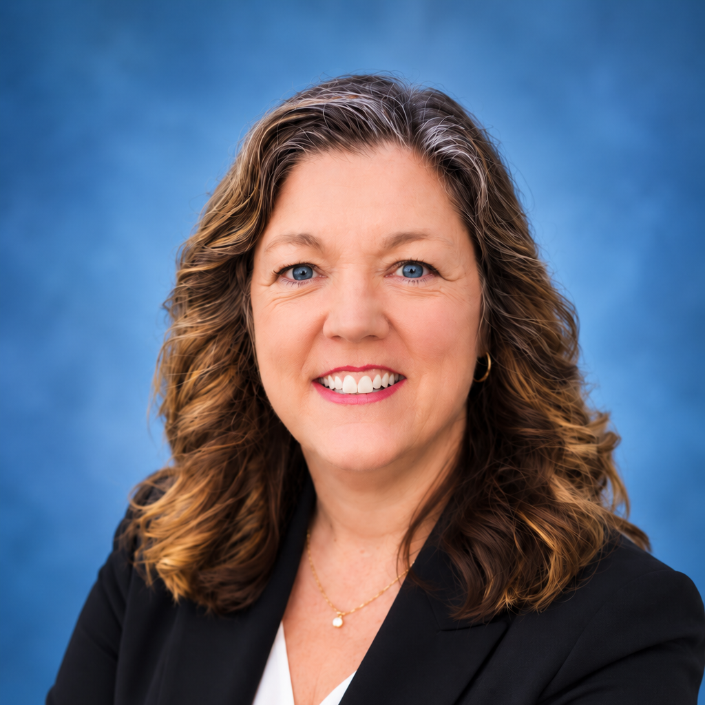 Portrait of a middle-aged woman smiling with wavy brown hair, wearing a black blazer and gold jewelry, against a blue background.