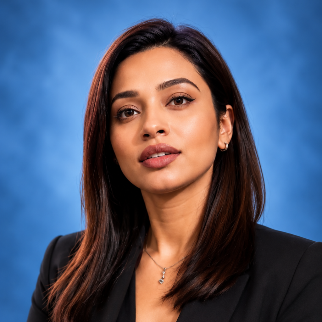 Portrait of a woman with medium-length dark brown hair, wearing a black blazer, silver jewelry, and a subtle makeup look, set against a blue background.