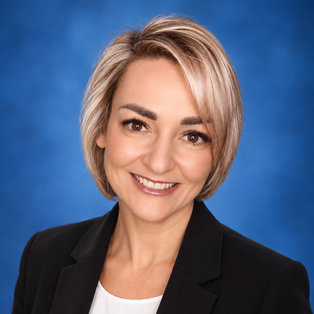 Smiling woman with short blonde hair wearing a black blazer and white top against a blue background.
