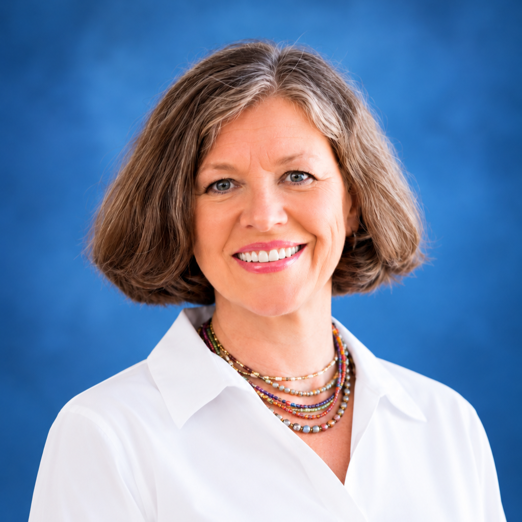 A woman with short brown hair smiling at the camera, wearing a white shirt and layered colorful necklaces, against a blue gradient background.