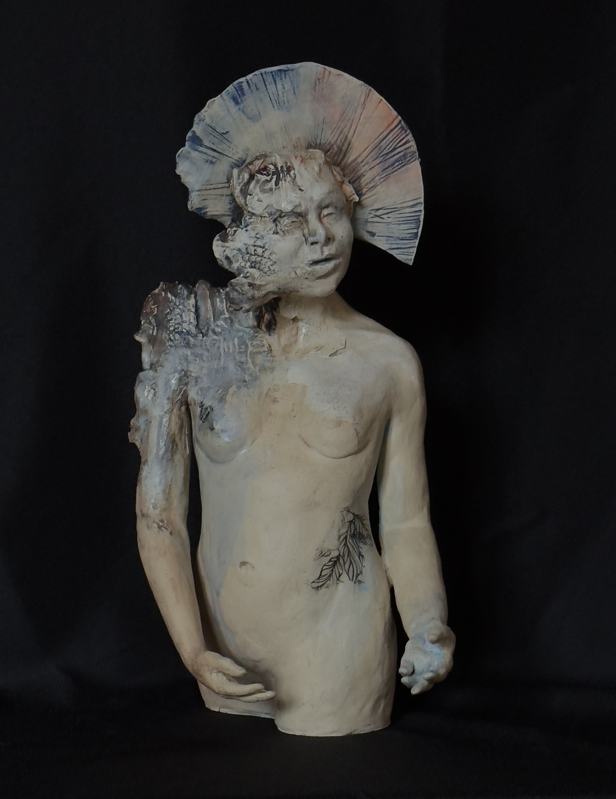 Linda Jerome, Grappling with Reality, Cone 6 stoneware with stain and glaze, 16" x 8.5" x 8.5"
