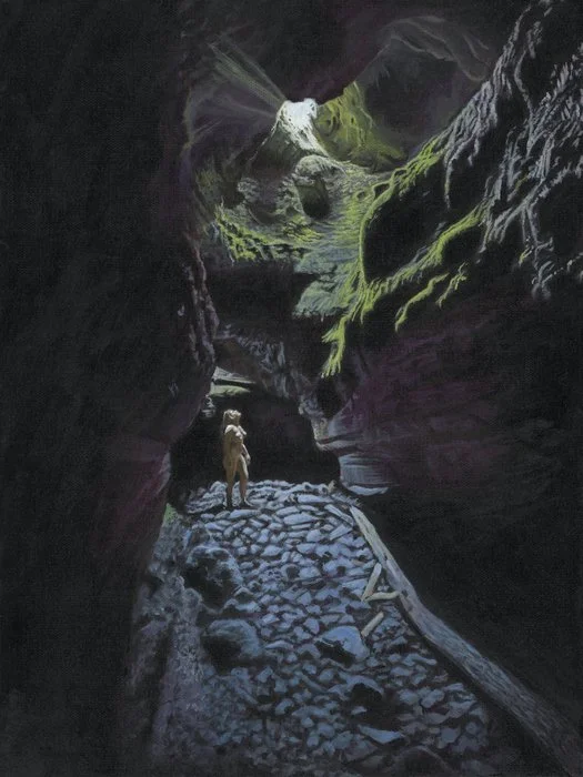 Kenzey Ostrowski, Lady and the Landscape: No.2 Ape Caves, Acrylic on Canvas, 16" x 12" x 1.25"