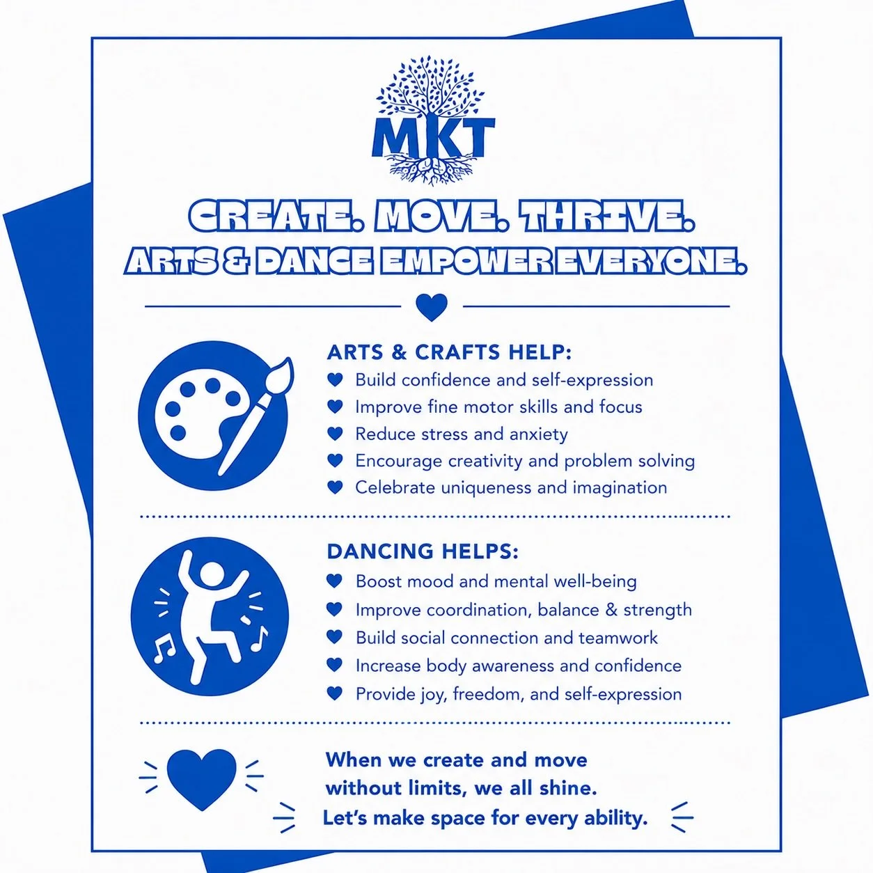 Arts, crafts, and dancing are more than just fun activities &mdash; they help build confidence, encourage self-expression, improve wellbeing, strengthen social connections, and create a space where everyone can shine 🌟

Every person deserves the opp