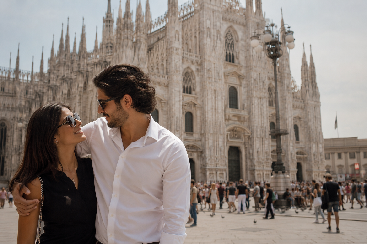 Luxury couple in Milan, Italy, enjoying a romantic moment in front of the Duomo di Milano on a beautiful sunny day.
