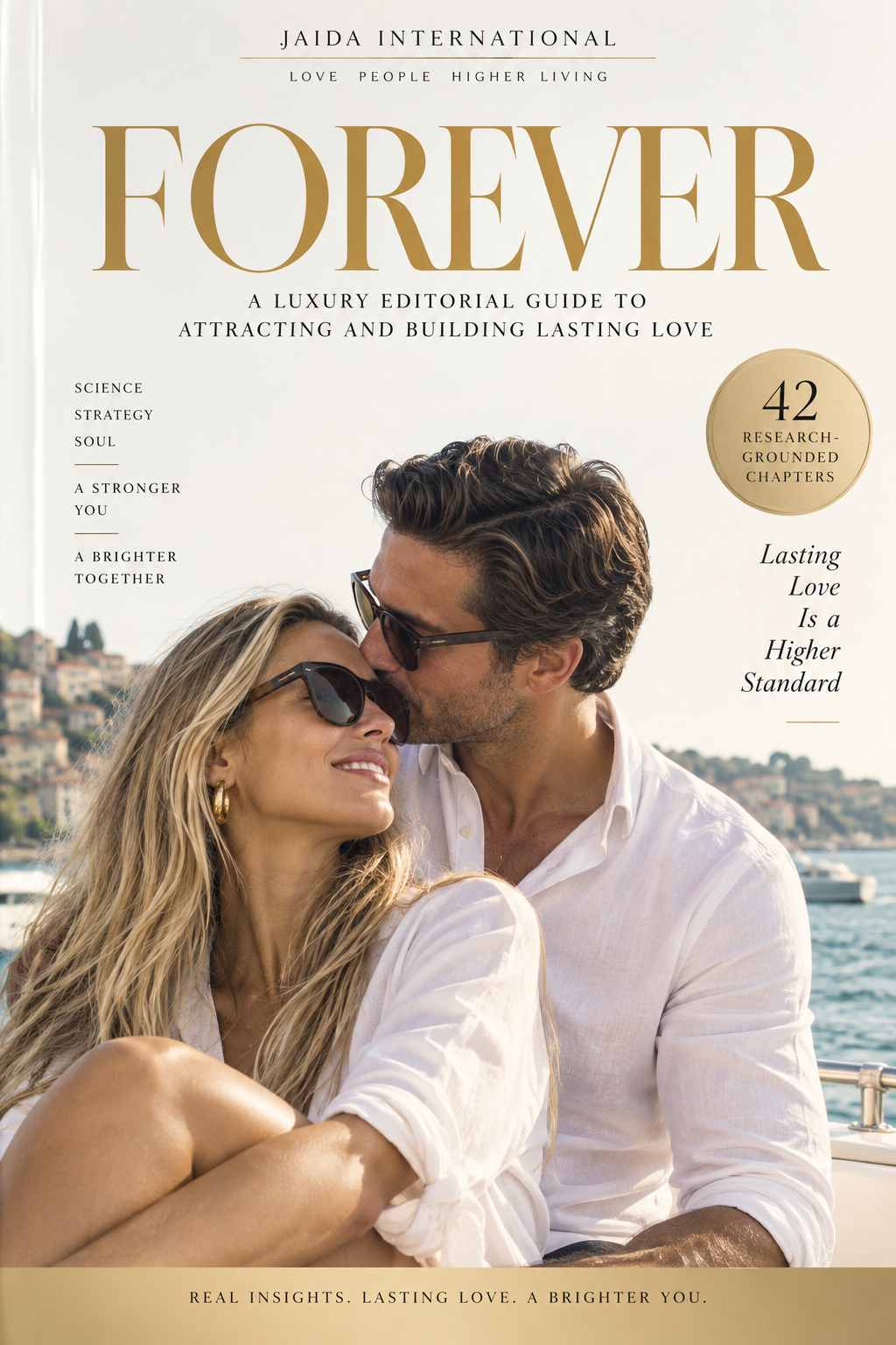 Luxury FOREVER relationship guide cover by JAIDA International featuring an elegant couple on a yacht, focused on attracting and building lasting love.