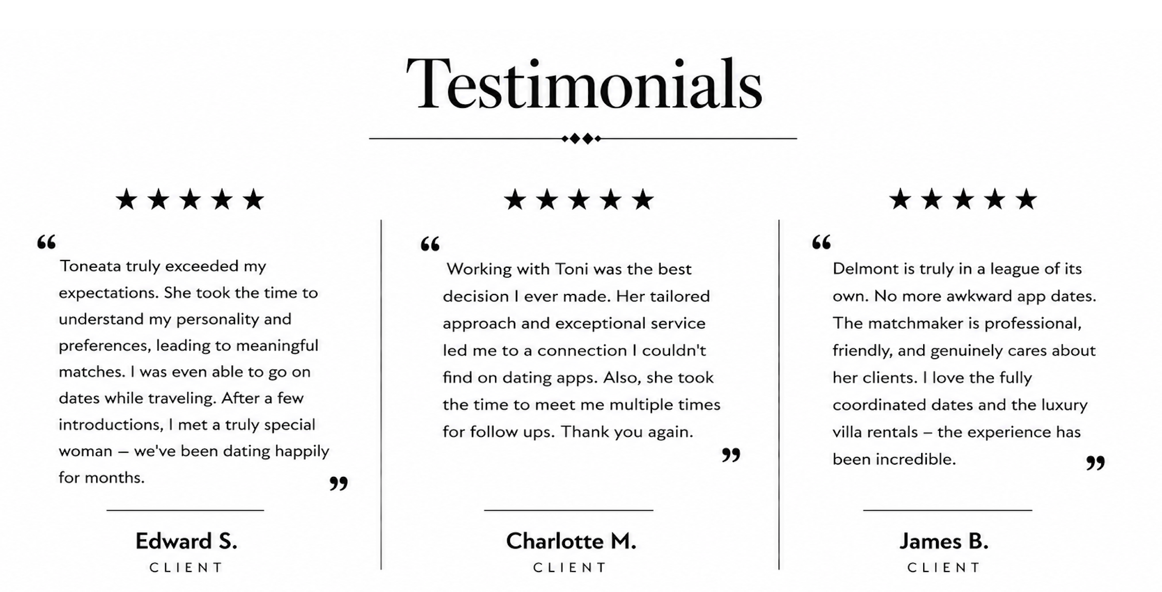 Client testimonials from Edward S., Charlotte M., and James B. — five-star reviews of JAIDA matchmaking