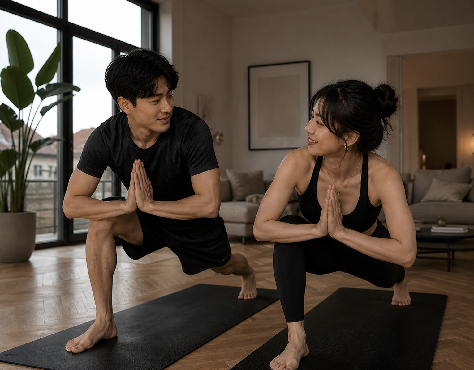 young couple doing yoga together