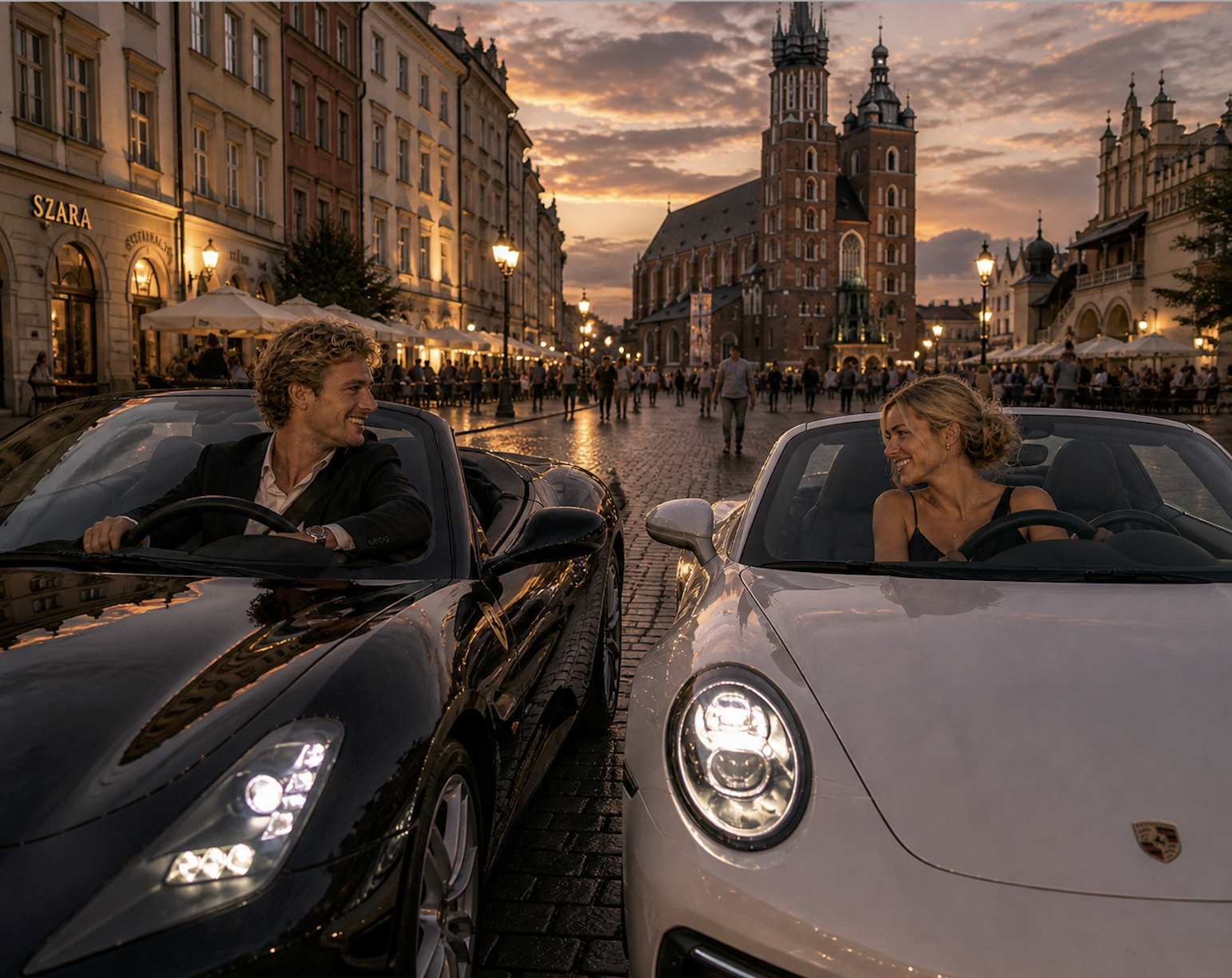 couple driving exotic cars in poland