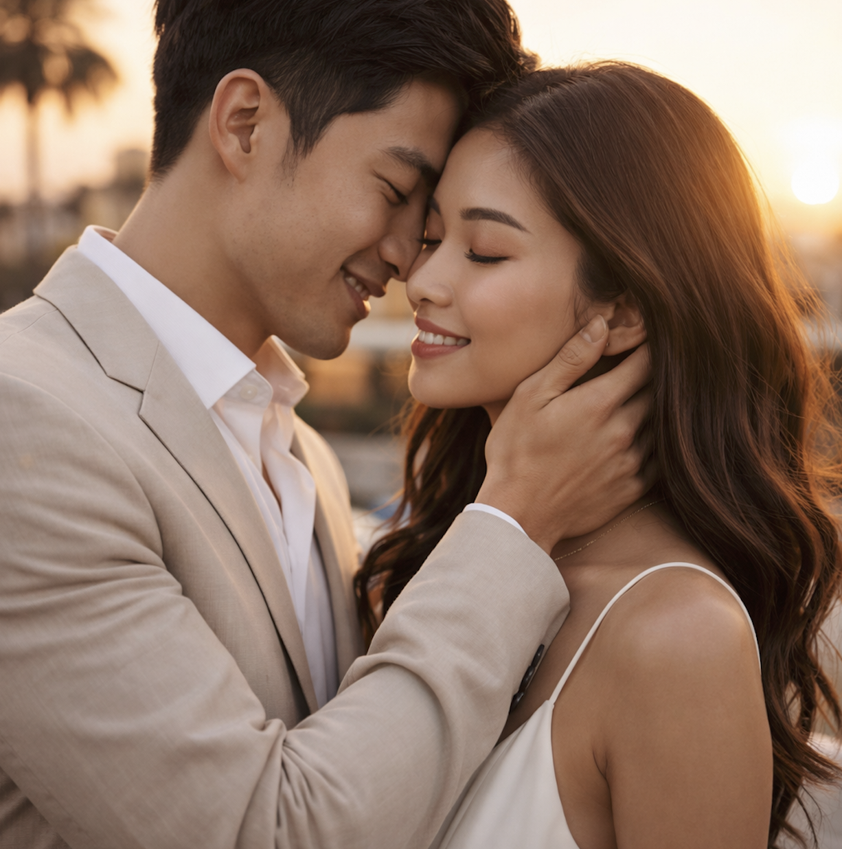 romantic elegant couple smiling and holding hands golden hour love connection high end dating lifestyle