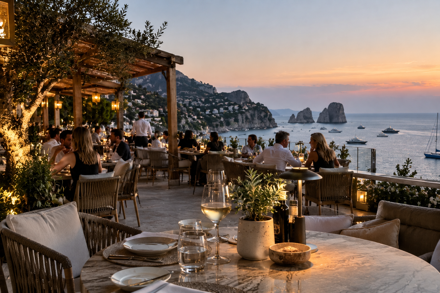 Luxury Mediterranean seaside restaurant at sunset with elegant outdoor dining, panoramic ocean views, yachts and dramatic coastal cliffs.