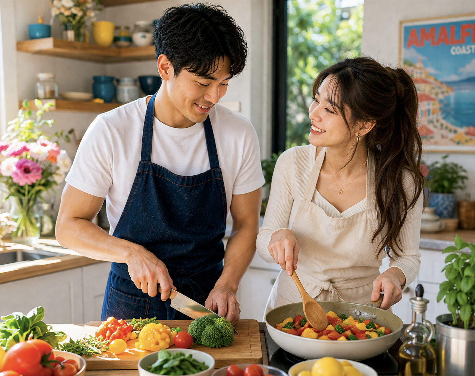 young couple cooking on a date