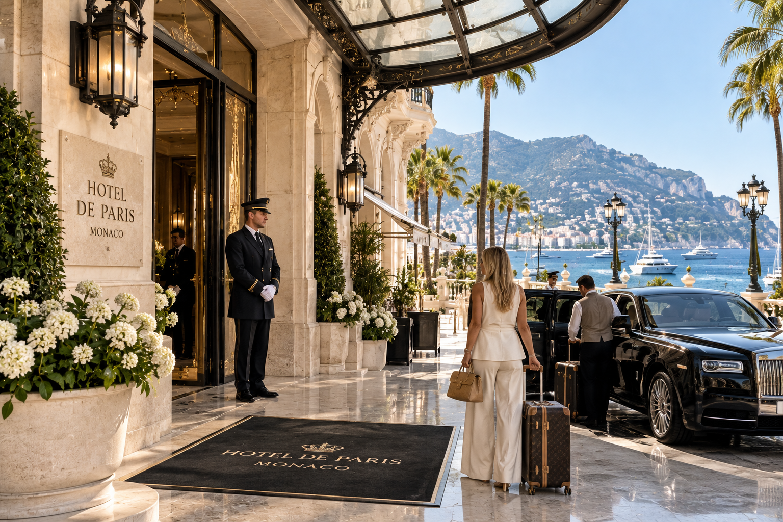 Luxury hotel arrival in Monaco with private chauffeur service, elegant VIP guest and panoramic Mediterranean views.