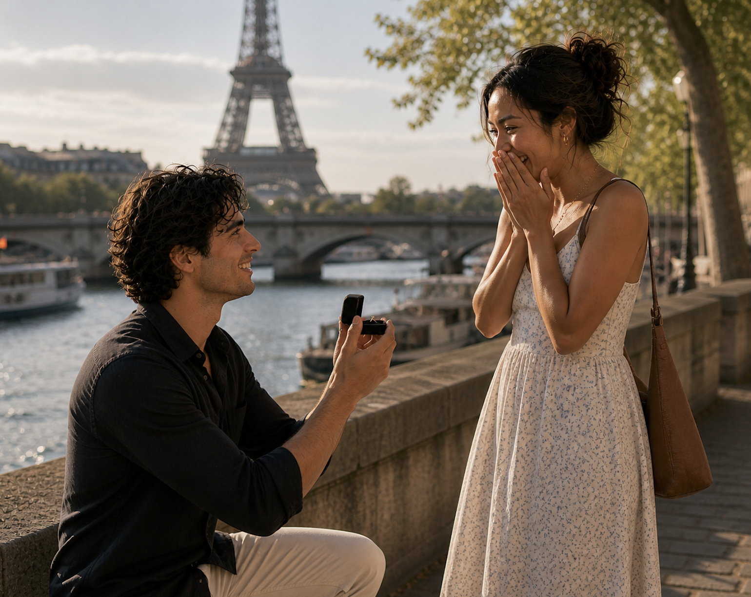 young man proposing to his girlfriend in paris