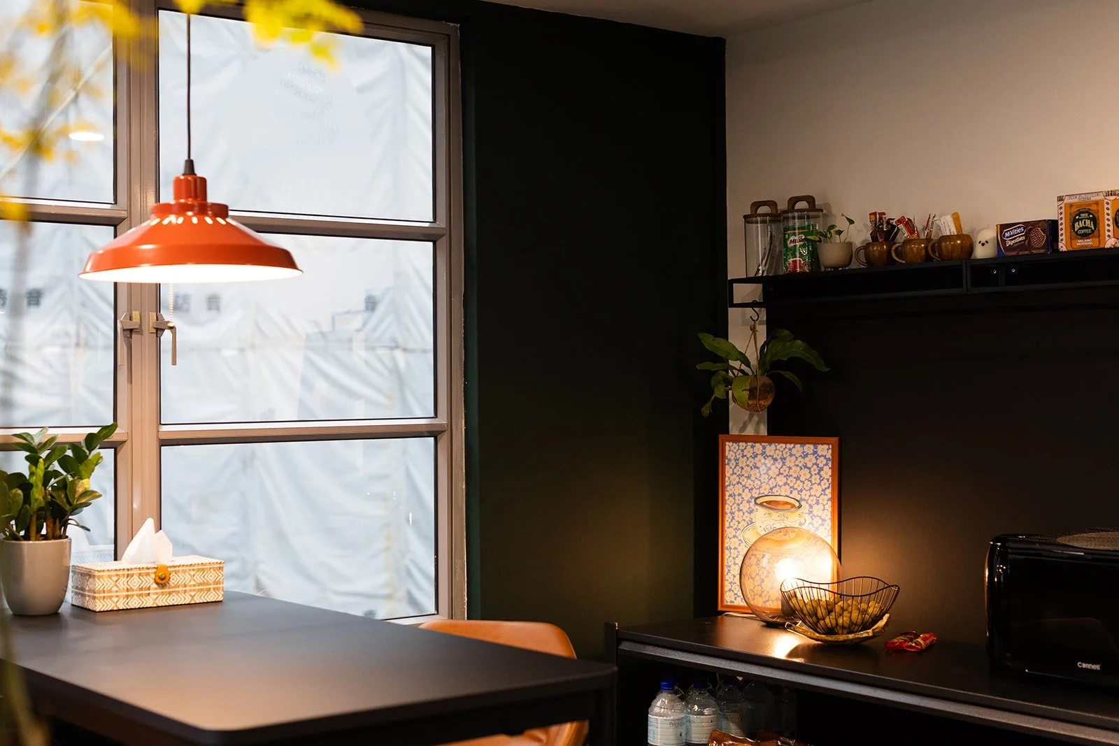 Pantry in Sunroom: Well-stocked with healthy snacks, coffee machine, and other selections of beverage
