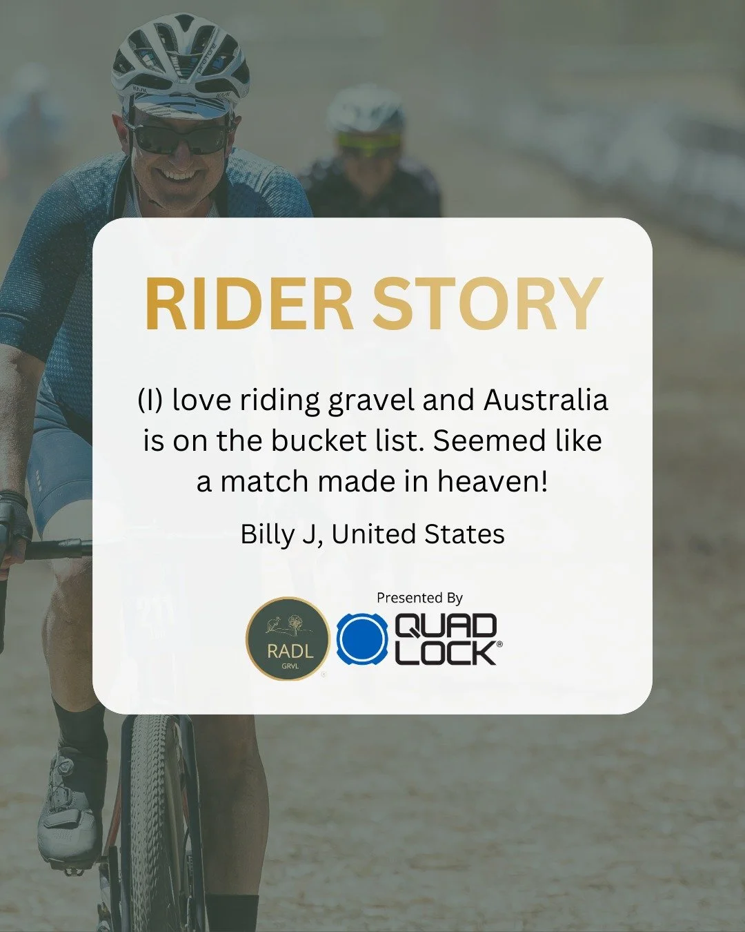 McLaren Vale is calling, and the call has been answered all the way from the United States! 

Welcome to RADL GRVL p/b Quad Lock 2026, Billy J 👋

RADL GRVL p/b Quad Lock offers more than a single event day, it's a week-long experience built around m