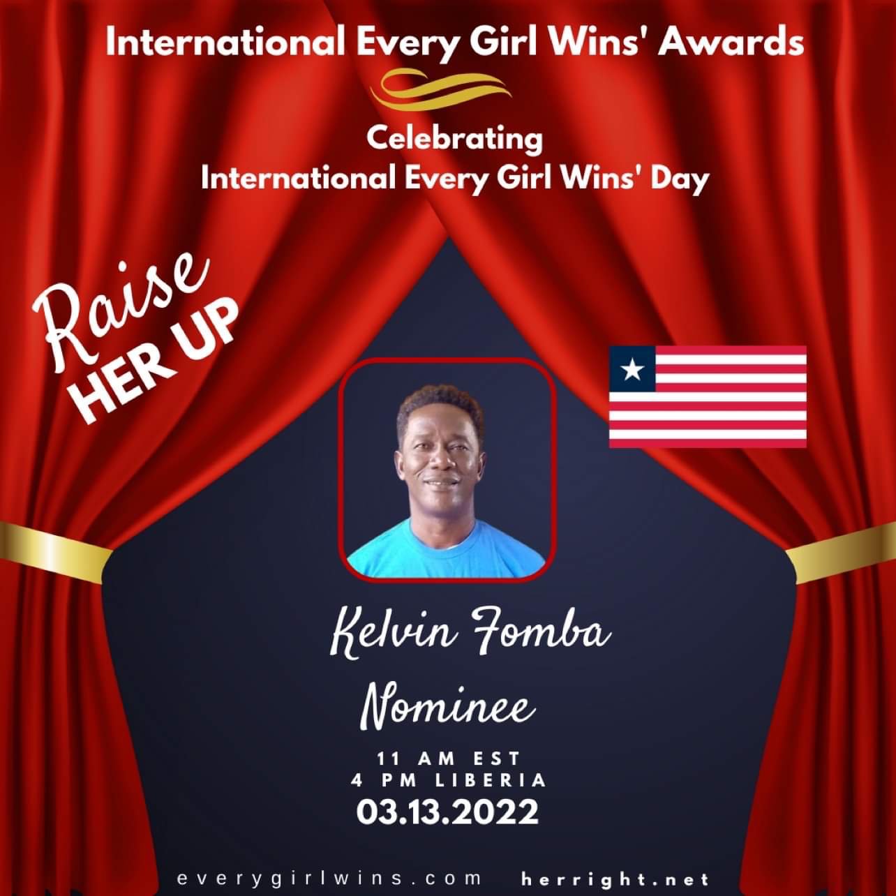 International Every Girl Wins awards Kelvin Fomba, Co-Founder & Director on 3/13/22