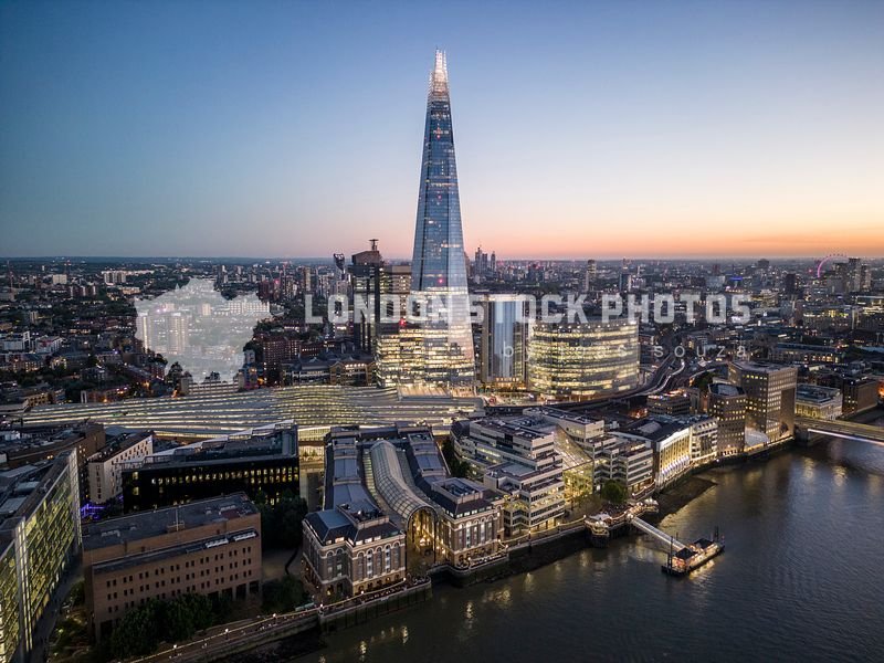 London SE1, Aug 2022, Aerial photography of The Shard during dusk time.