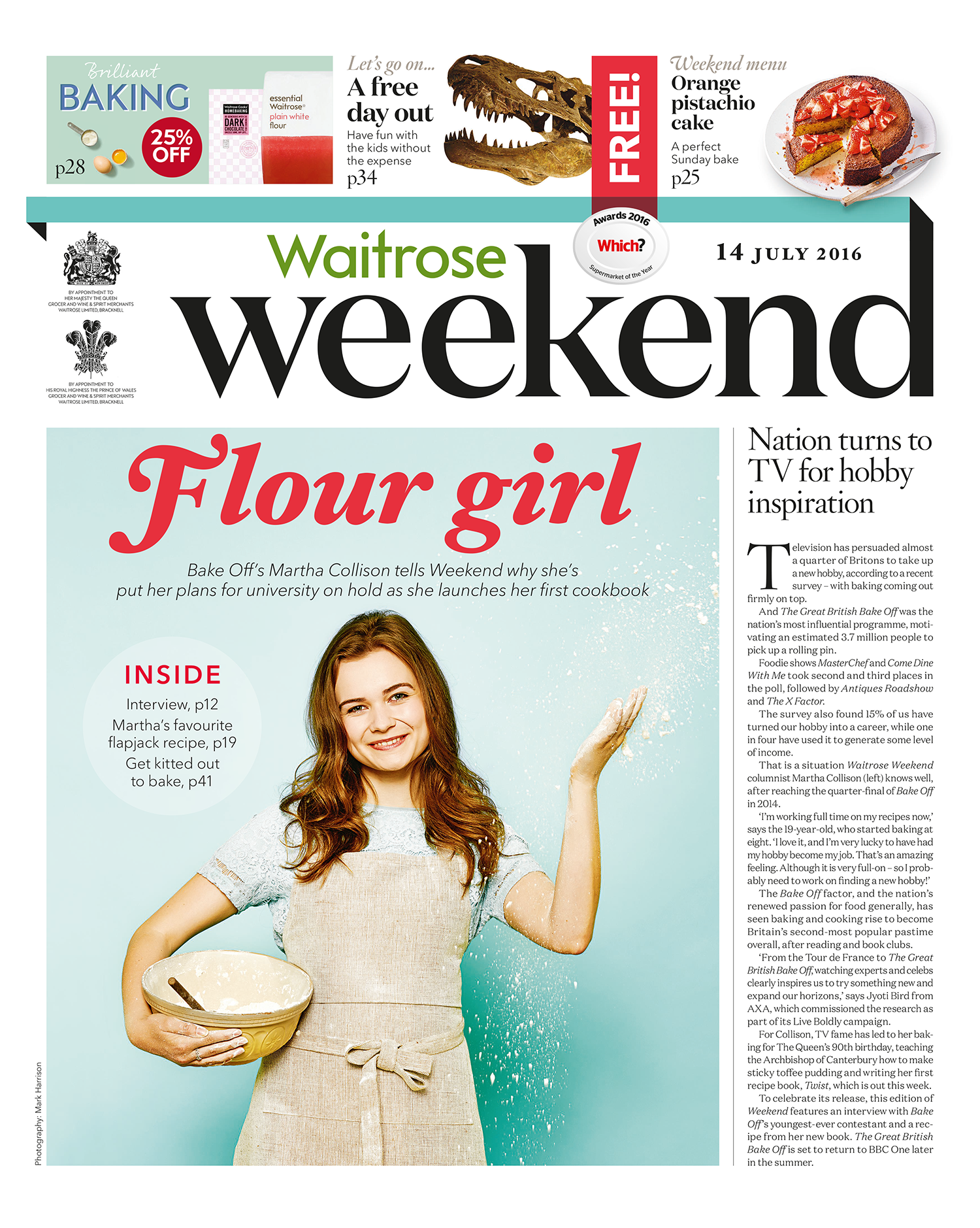 Martha Collison, finalist of The Great British Bake Off, became a writer for Waitrose and still appears regularly in the paper. Photography by Mark Harrison, Art Direction by me.