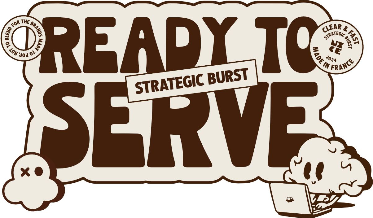 Text illustration with brown and white colors reading "Ready to Serve," "Strategic Burst" and other phrases, including a small cloud with a skull and a cartoon cloud with a laptop.