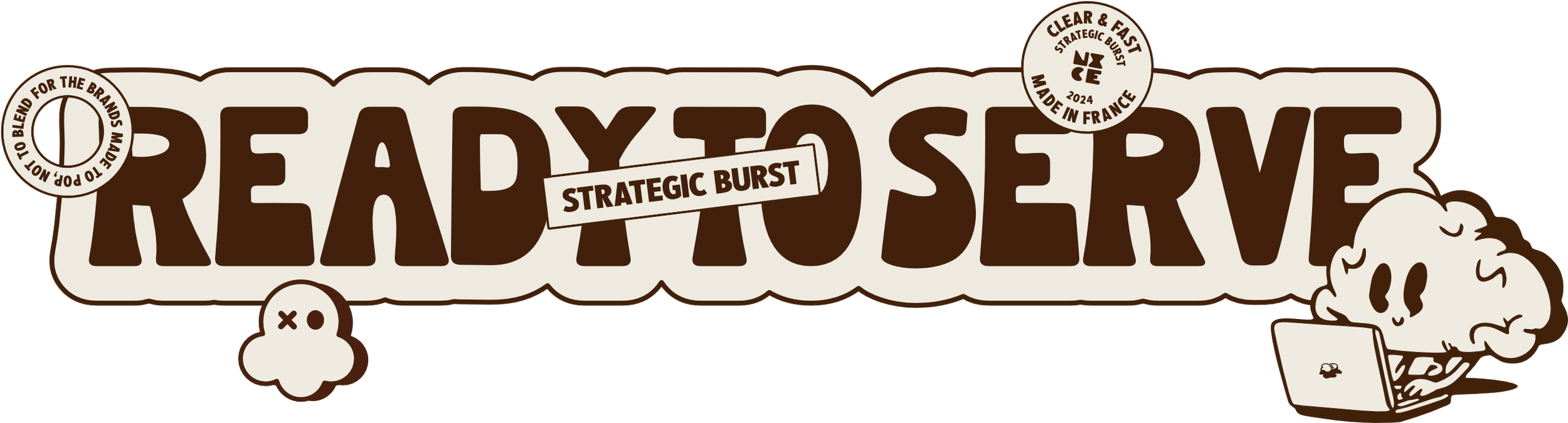 Graphic design featuring the words "Ready to Serve" in large, bold letters, with additional text "Strategic Burst" and various icons including skulls and a character with a laptop, all in shades of brown and beige.